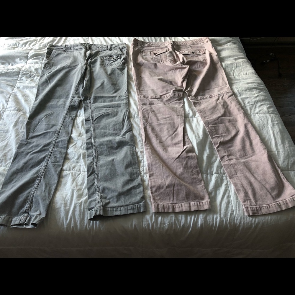 Two pairs of tall slim leg corduroy cargo pants.